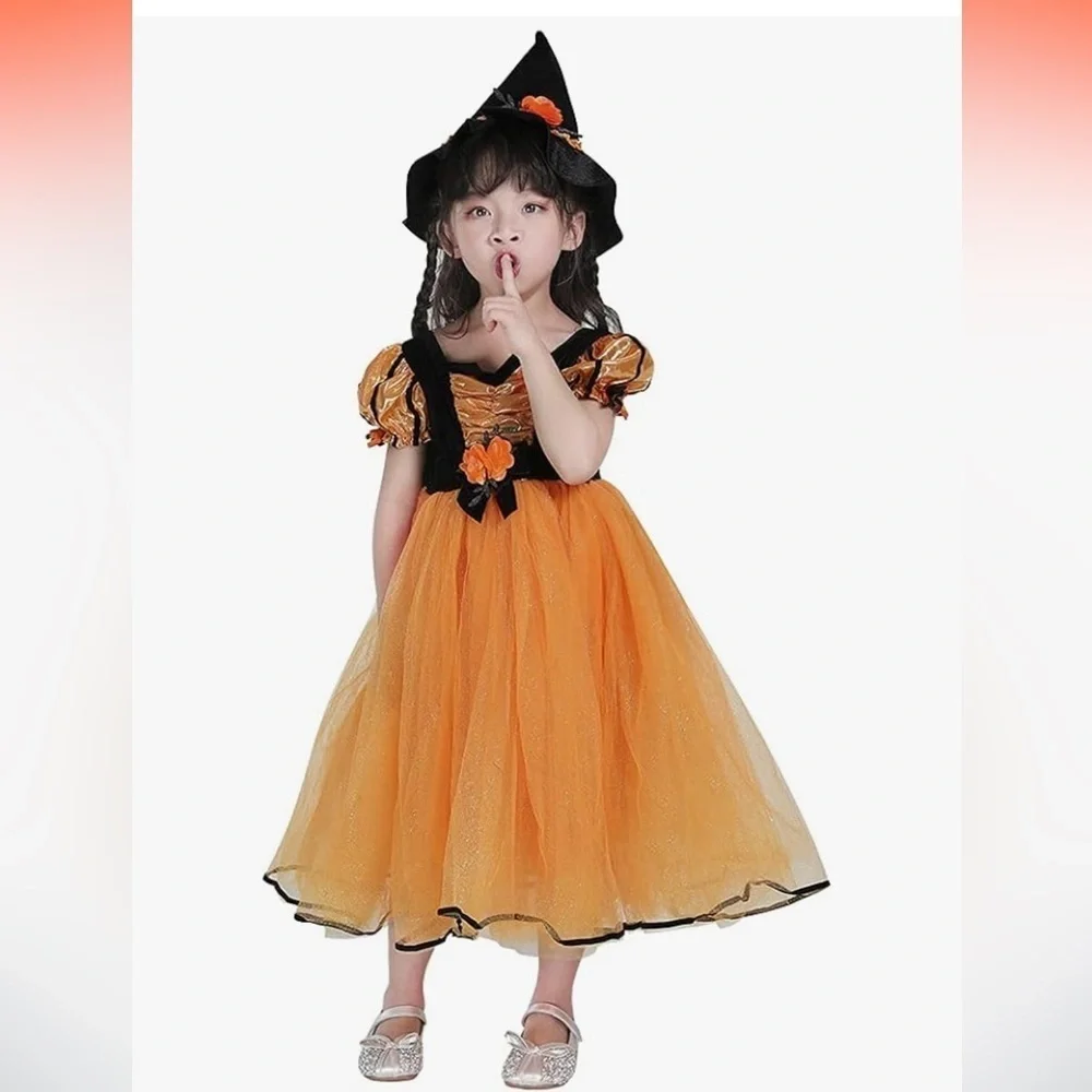 NWT Orange Fancy Fairytale Witch Costume 2T-4T Dress & Hat  Halloween Cosplay